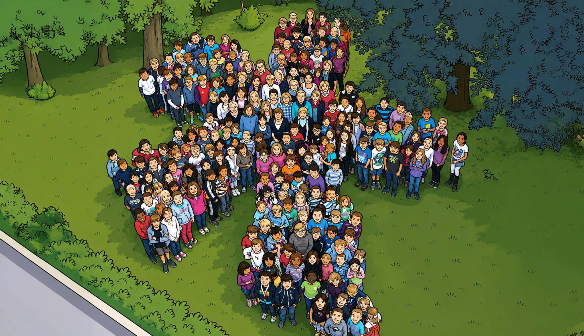 Illustration der Schulgemeinschaft der Mühlenkampschule Diepholz auf dem Schulgelände