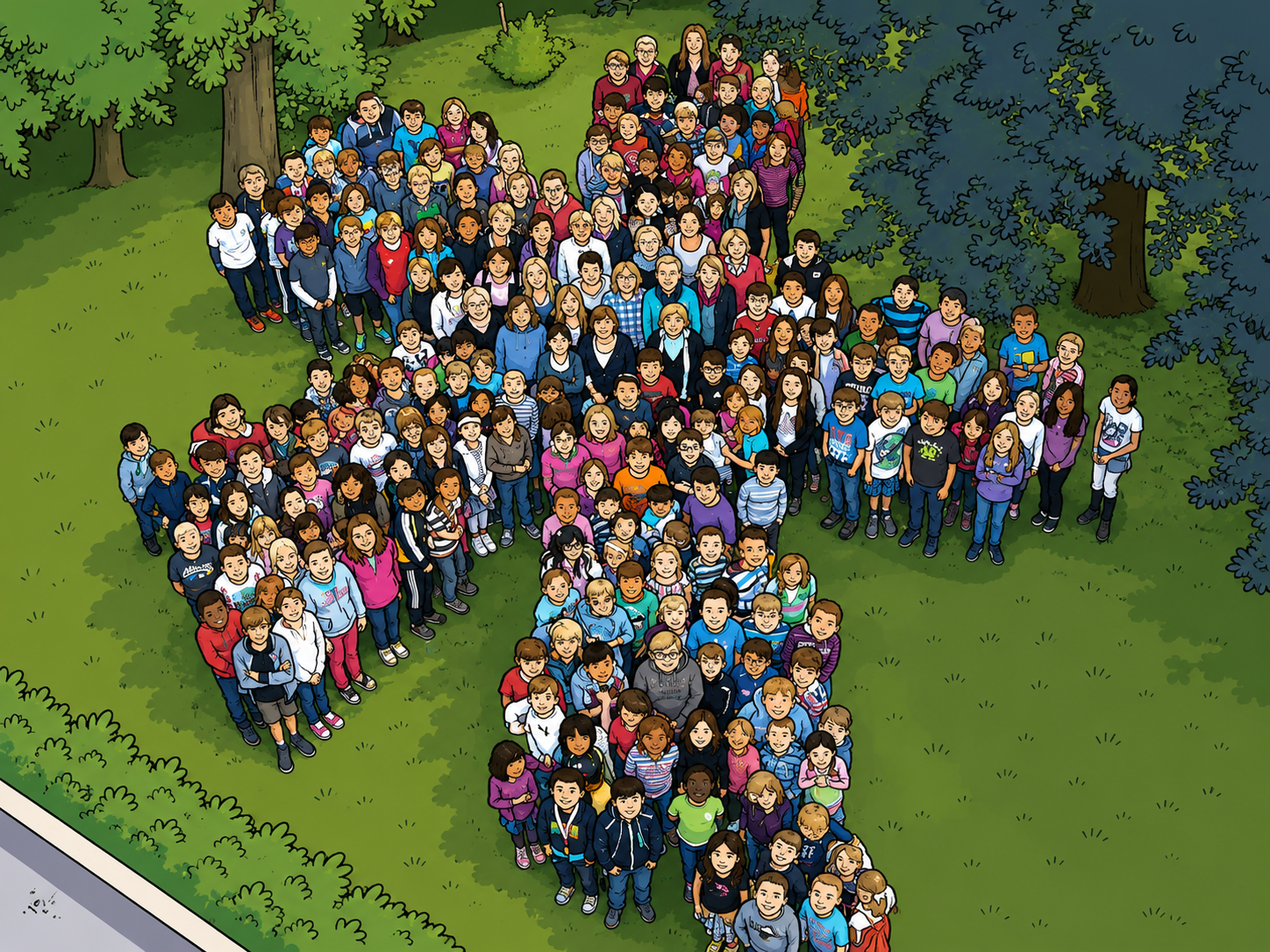 Illustration der Schulgemeinschaft der Mühlenkampschule auf dem Schulgelände